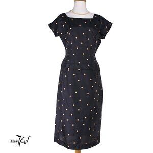 Vintage 50s Fitted Sheath Dress - Navy Silk Polka Dot - Metal Zip - S - Hey Viv